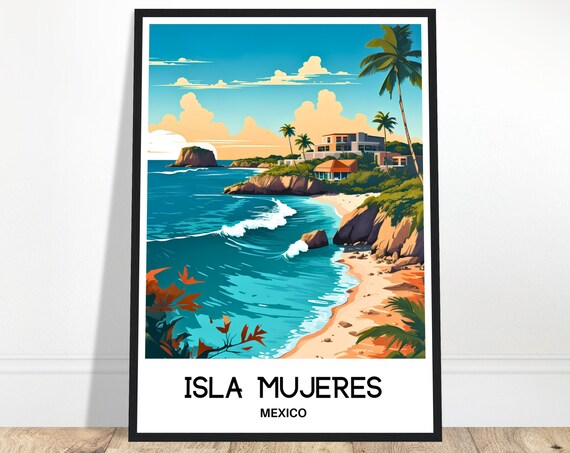 Sunny Isla Mujeres Mexico Rocky Beach Ocean Waves Travel Poster
