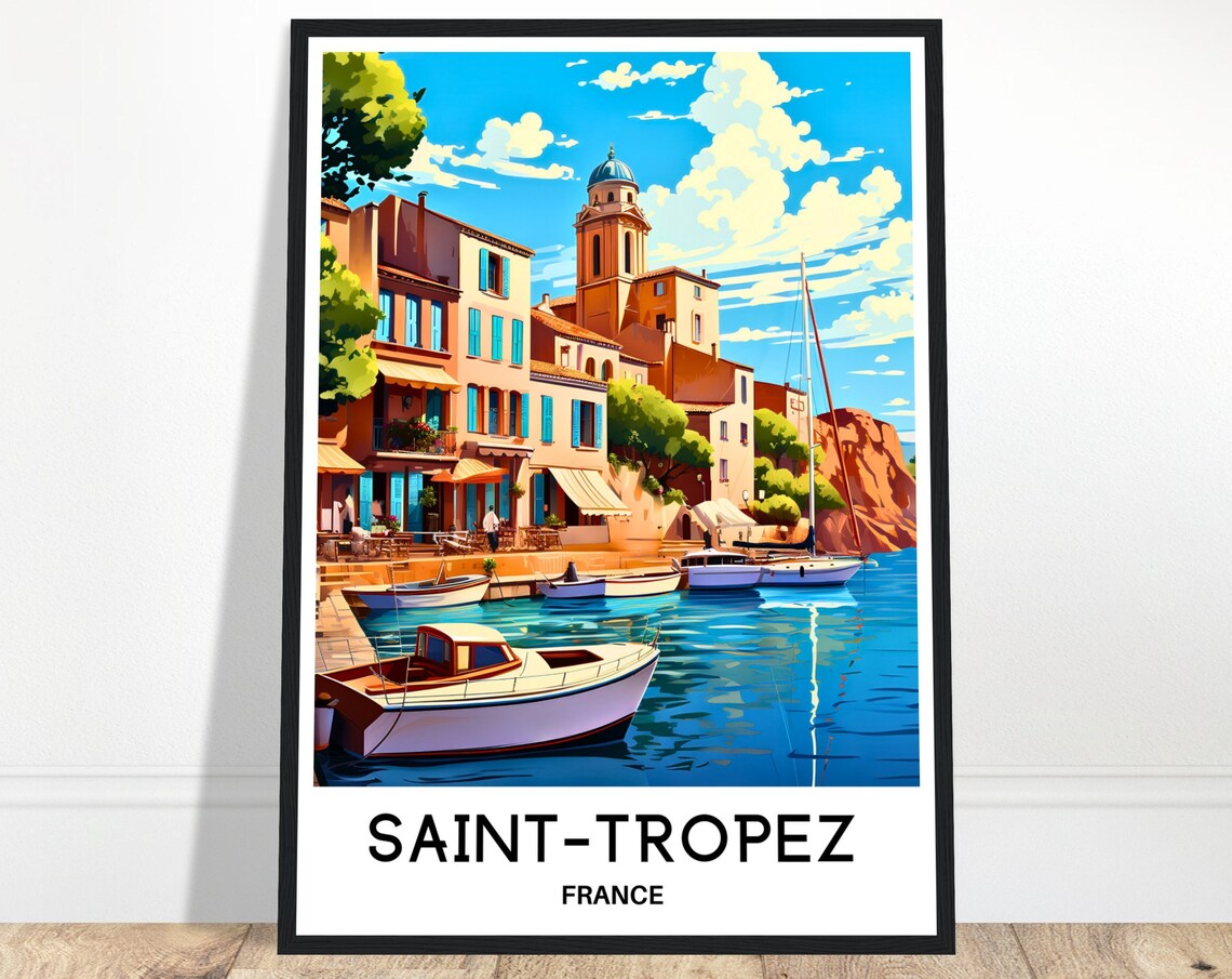 Saint-Tropez Harbor Boats Bell Tower French Riviera Travel Poster