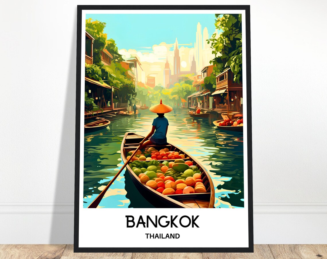 Bangkok Floating Market Scene Thailand Colorful Travel Poster