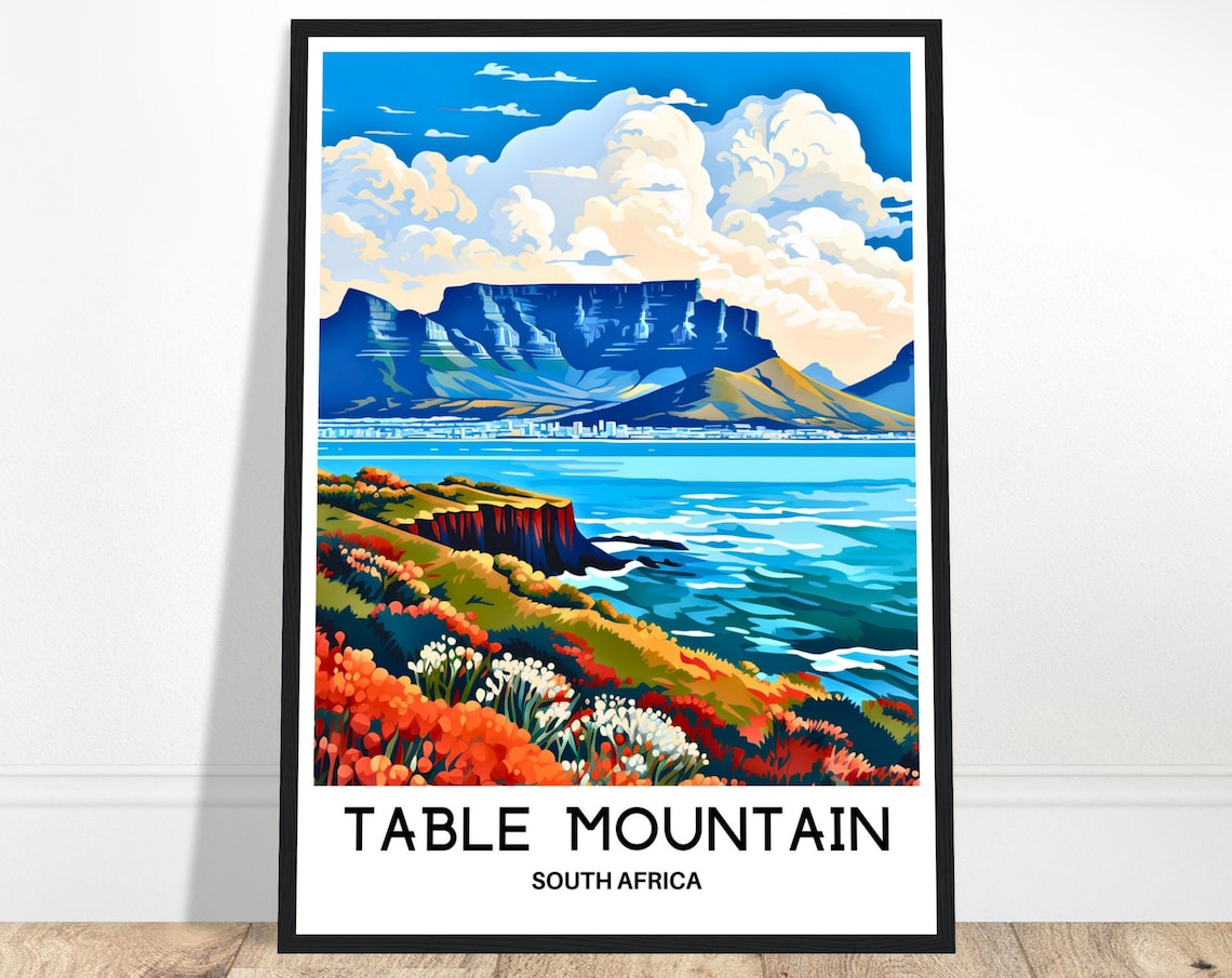 Table Mountain South Africa Coastal Wildflowers Daytime Travel Poster