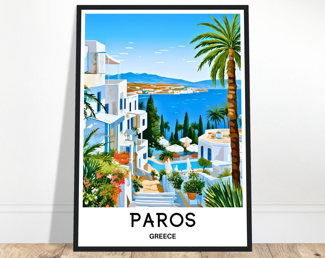 Paros Greece Travel Poster Whitewashed Village by Aegean Sea