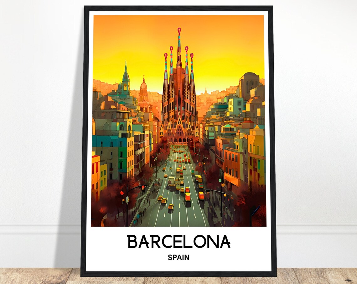 Barcelona Spain Sagrada Familia Sunset City Street Travel Poster