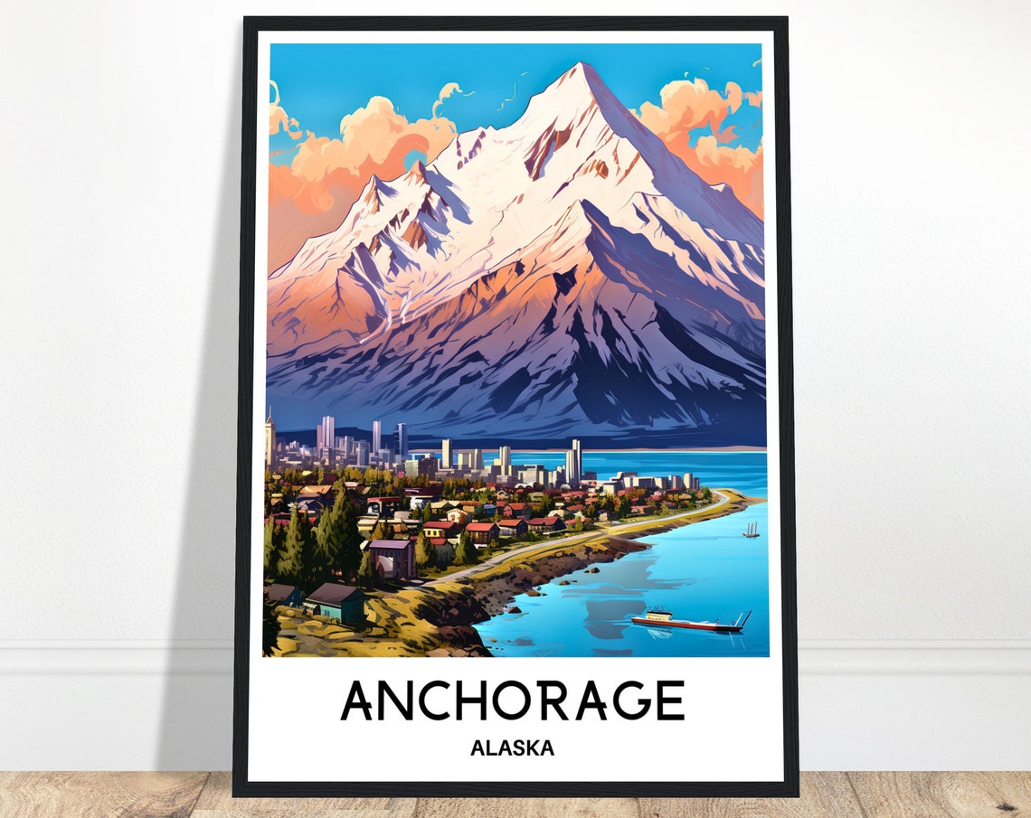 Anchorage Alaska Snow Mountain Cityscape Daytime Travel Poster