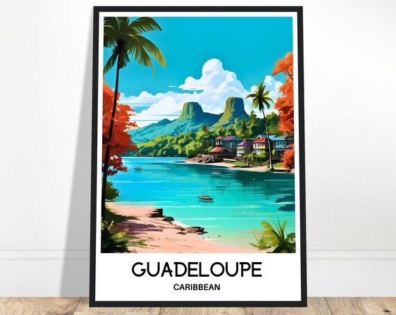 Guadeloupe Caribbean Tropical Beach and Palm Trees Travel Poster