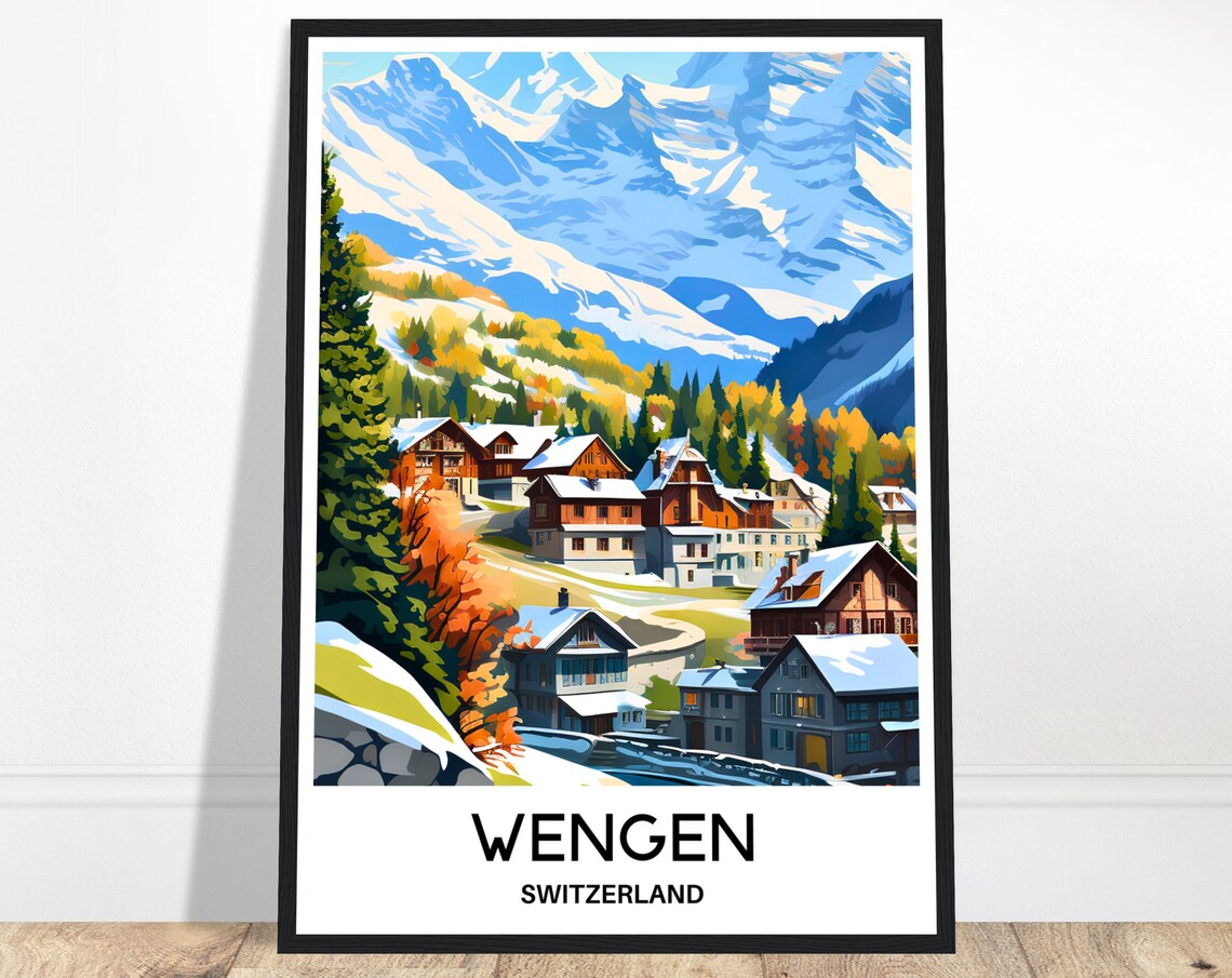 Wengen Switzerland Alpine Village Snow Peaks Retro Travel Poster