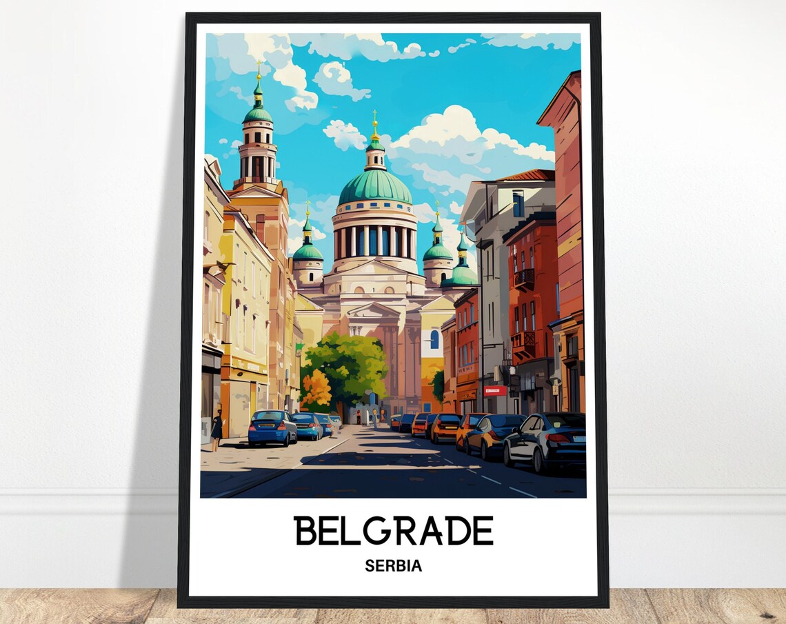 Belgrade Serbia Old Town Street With Green Dome Cathedral Poster