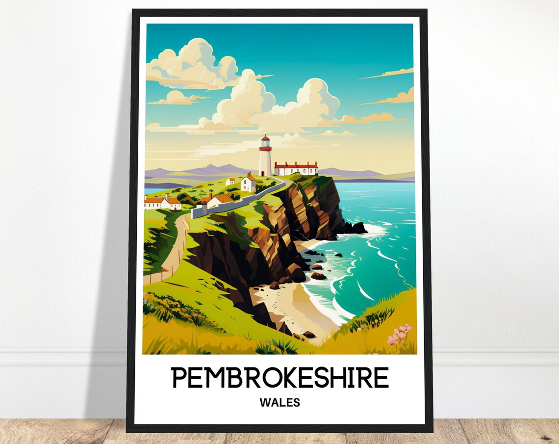 Pembrokeshire Wales Lighthouse Cliffs Coastal Walk Travel Poster