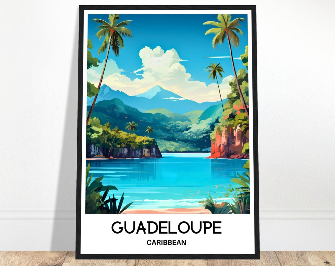 Guadeloupe Caribbean Palm Beach Tropical Lagoon Travel Poster
