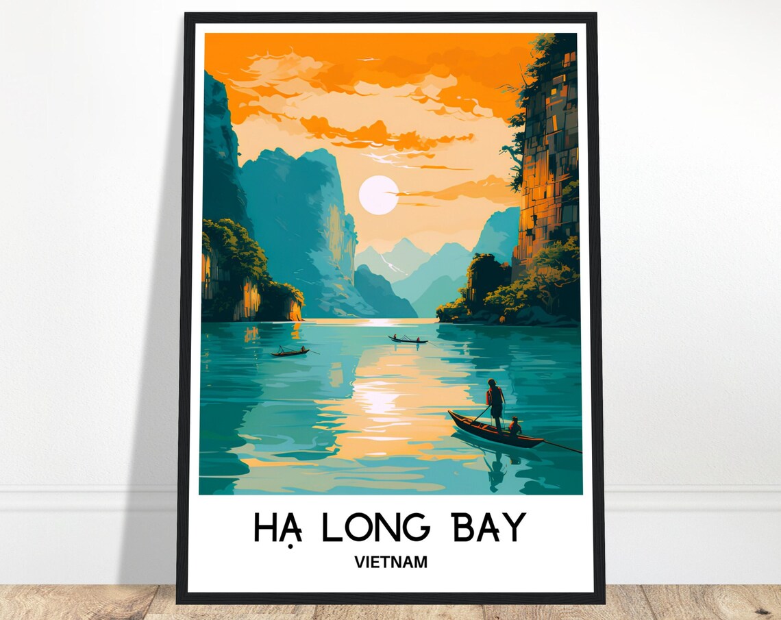 Ha Long Bay Vietnam Golden Sunset Limestone Karsts Travel Poster