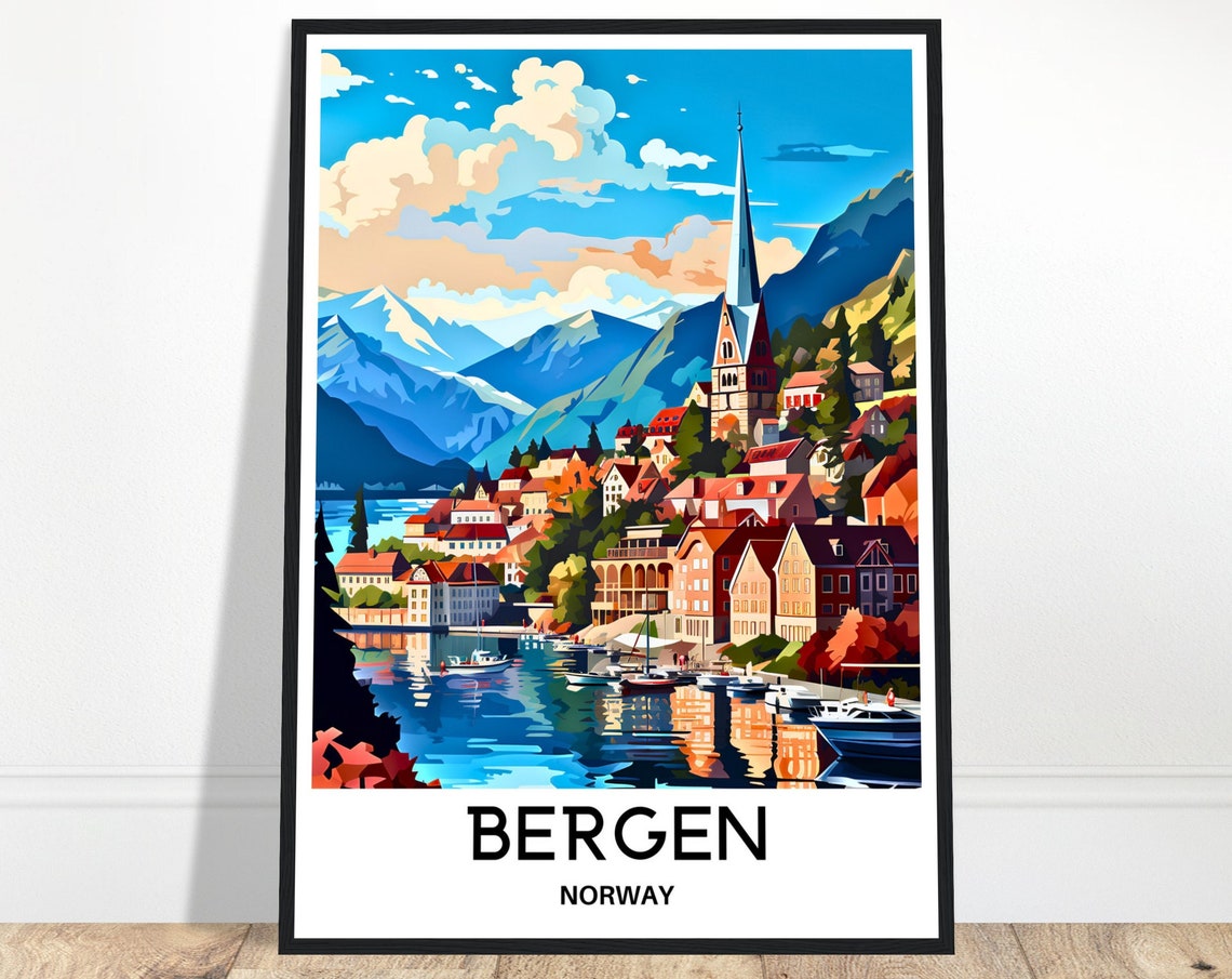 Bergen Norway Harbor Reflections and Mountains Travel Poster