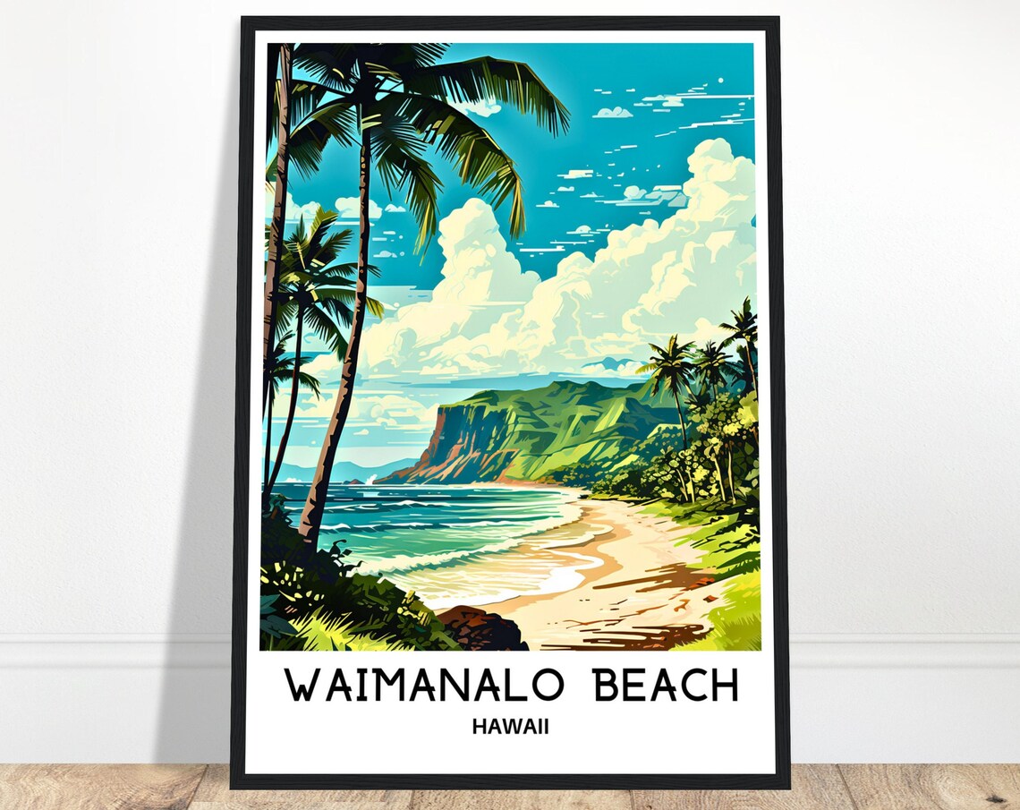 Waimanalo Beach Hawaii Tropical Palm Trees Ocean Travel Poster