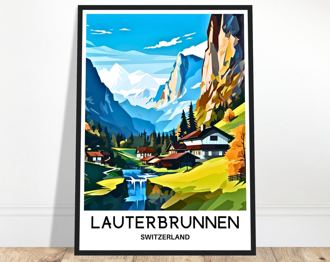 Lauterbrunnen Switzerland Waterfall Valley Village Travel Poster