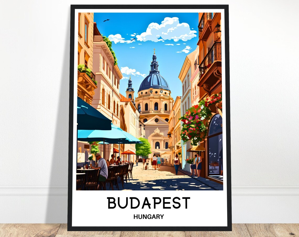 Budapest Hungary Domed Basilica Sunny Cafe Street Travel Poster