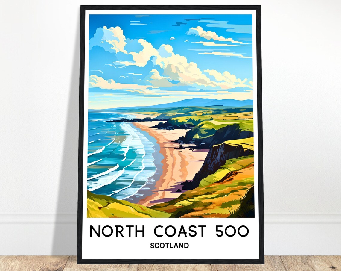 North Coast 500 Scotland Golden Beach Cliffs Travel Route Poster