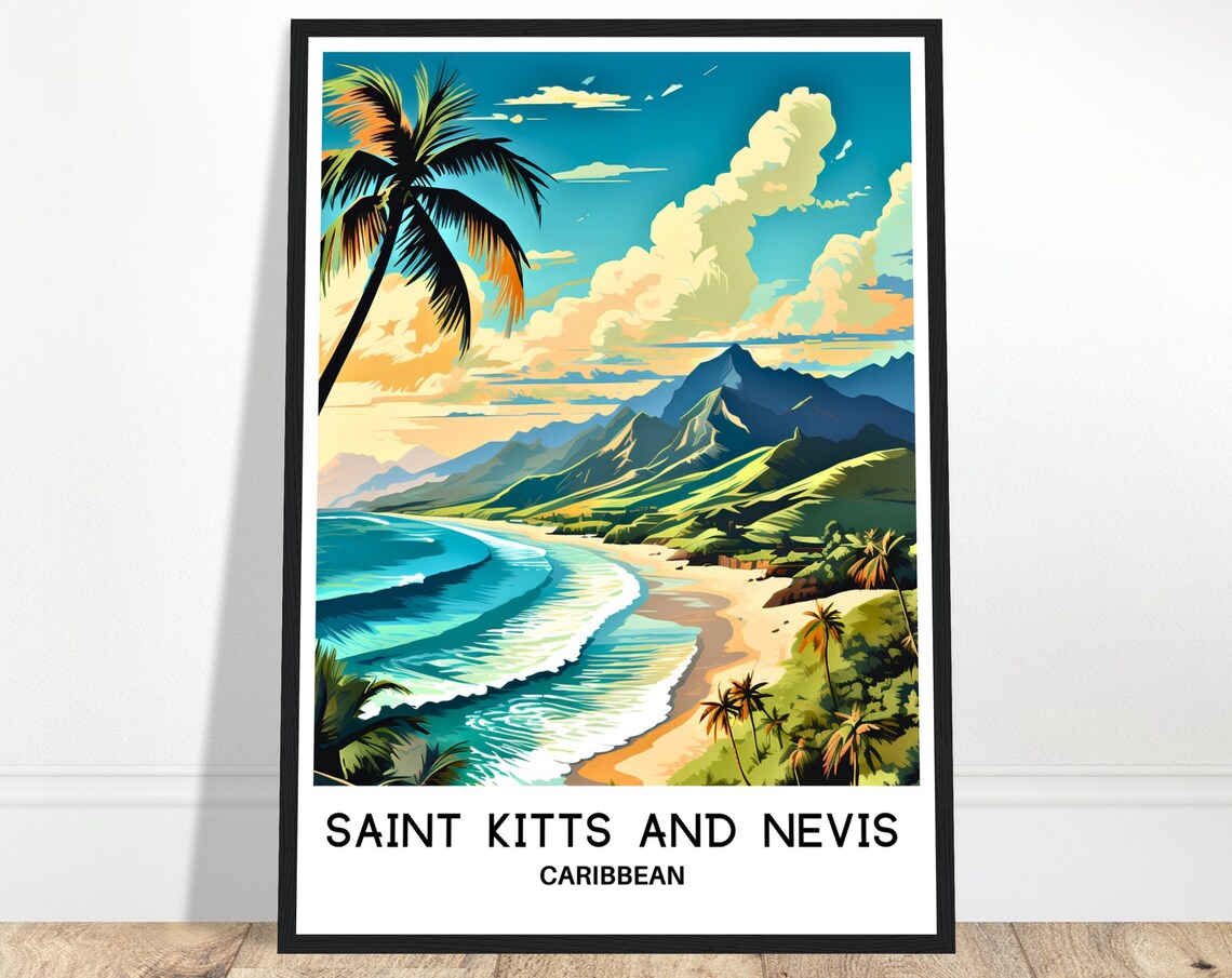 Saint Kitts And Nevis Caribbean Beach Mountain Coast Travel Poster