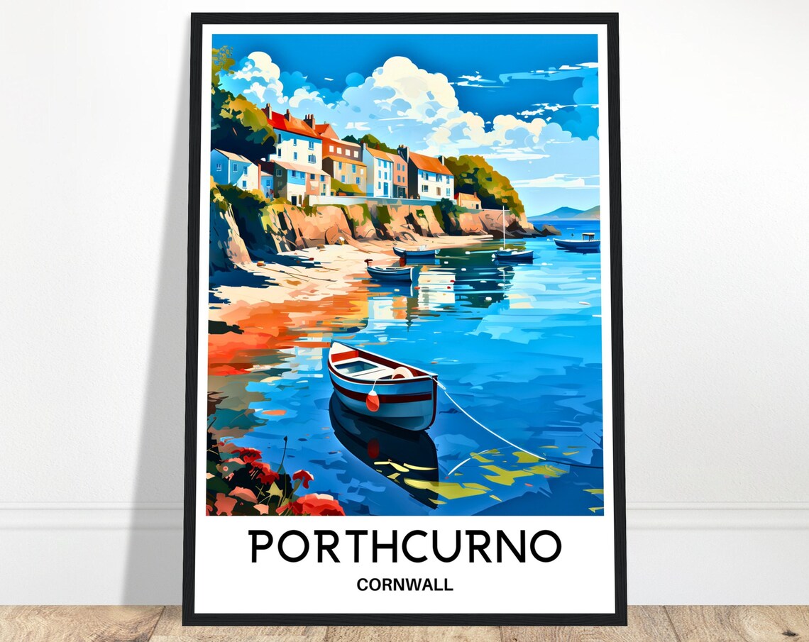 Porthcurno Cornwall Fishing Cove Harbor Boats Travel Art Poster