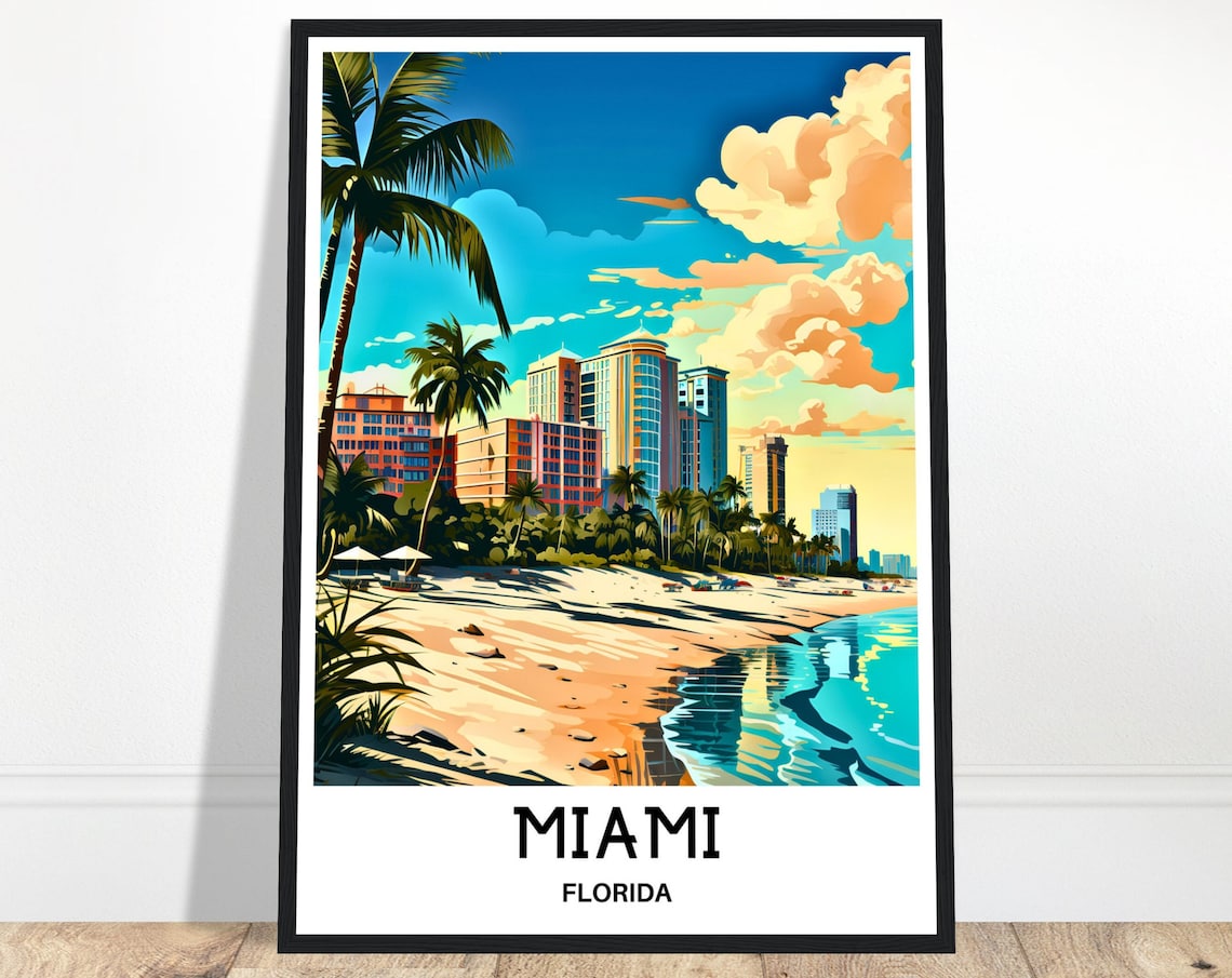 Miami Florida Beach Travel Poster Palm Trees Skyline Coastal Illustration