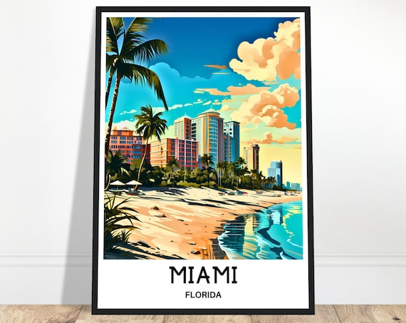 Miami Florida Beach Travel Poster Palm Trees Skyline Coastal Illustration