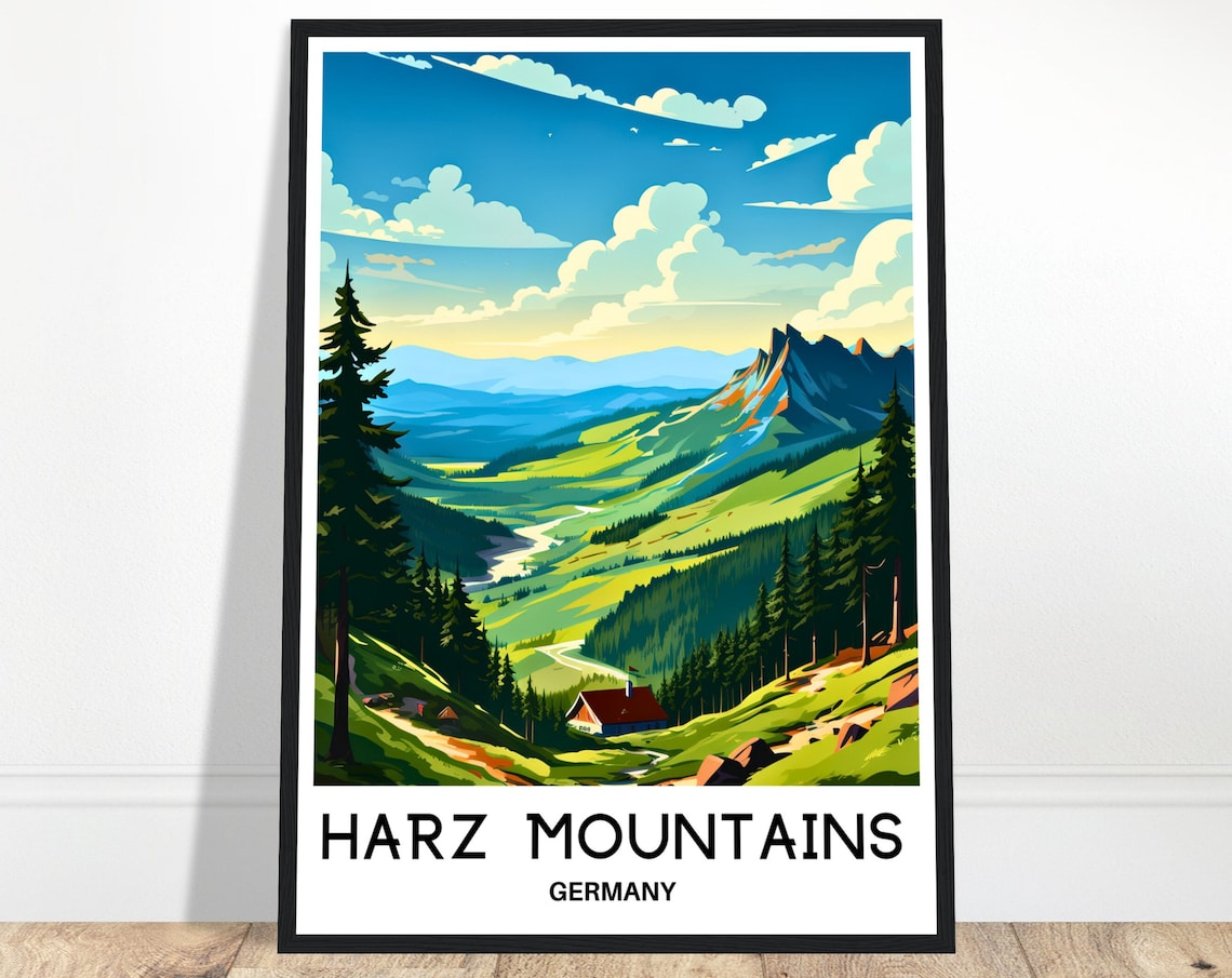 Harz Mountains Germany Travel Poster Pine Forest Valley Hiking Art