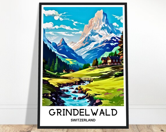 Grindelwald Travel Print Poster Swiss Art Switzerland Lover Gift Wall Hanging Home Office Decor Illustration