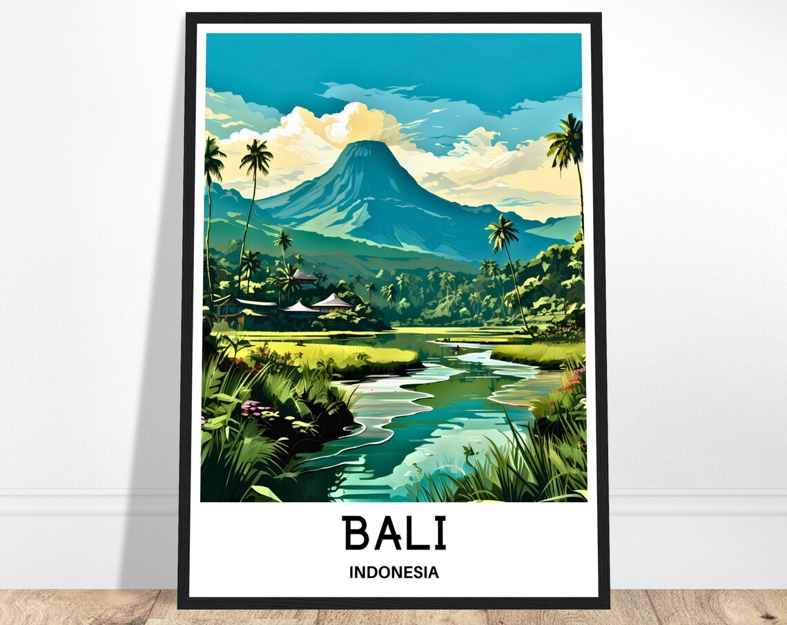 Bali Volcano Over Rice Fields And River Indonesia Travel Art Poster