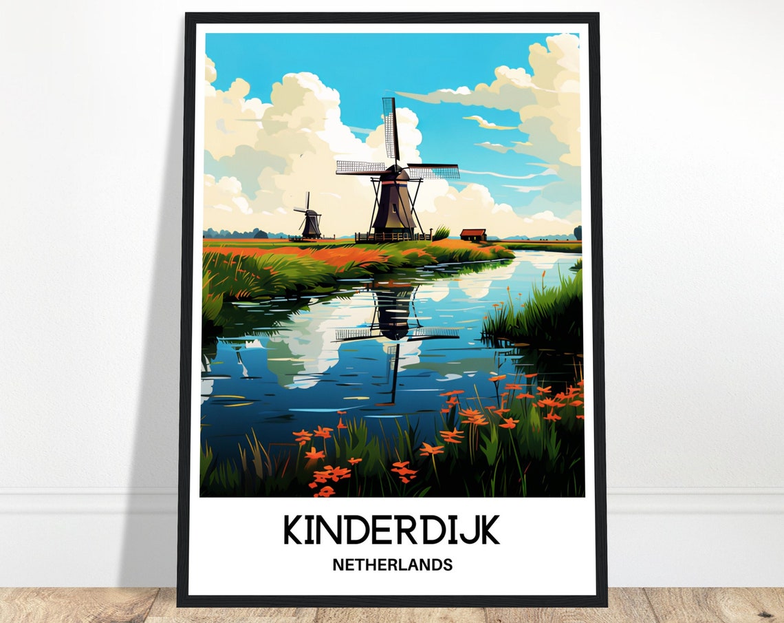 Kinderdijk Netherlands Windmills Canal Reflection Travel Poster