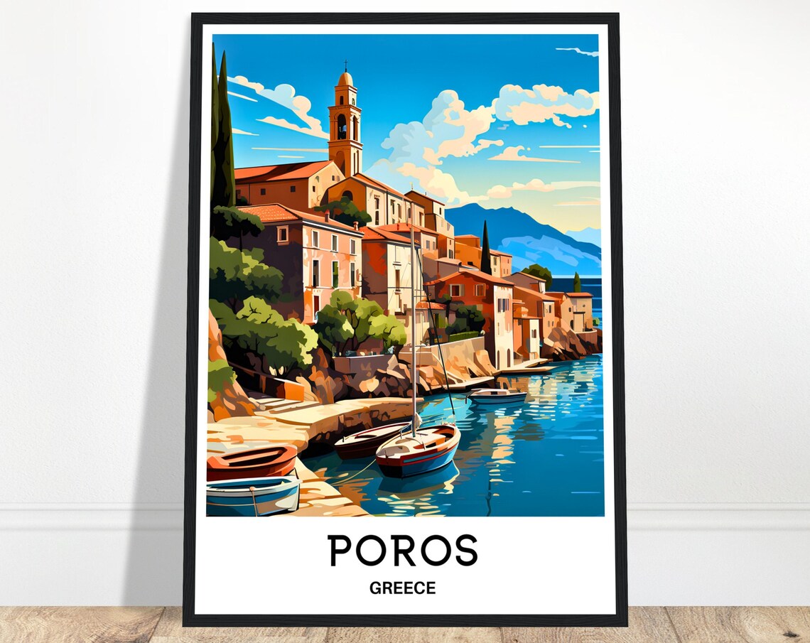 Poros Greece Harbor Clock Tower Greek Island Travel Art Poster