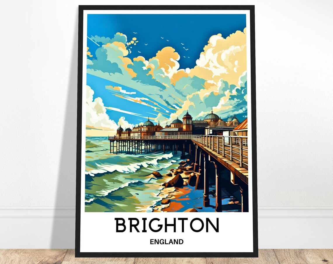 Brighton England Vintage Pier Coastal Travel Illustration Poster