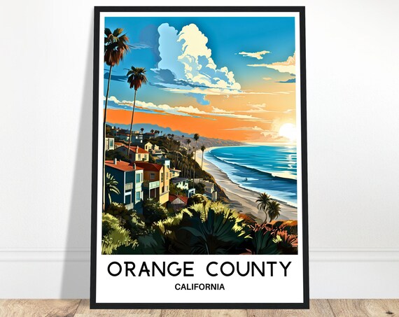 Orange County California Sunset Beach Coast Vintage Travel Poster