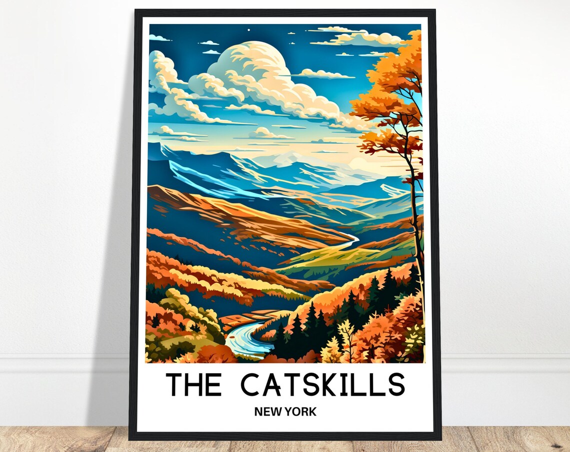 The Catskills New York Autumn Mountain River Valley Travel Poster