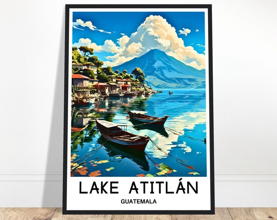 Lake Atitlan Travel Poster, Central America Illustration