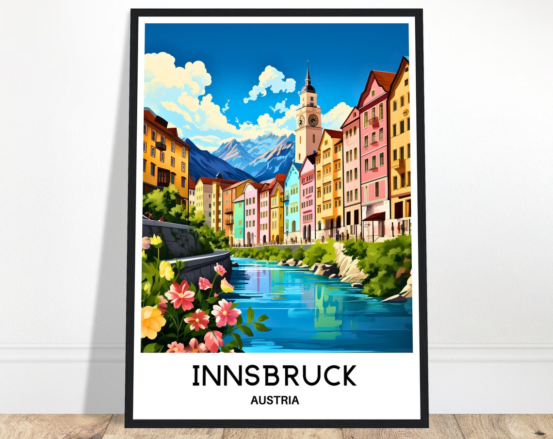 Innsbruck Austria Colorful Riverside Old Town Retro Travel Poster