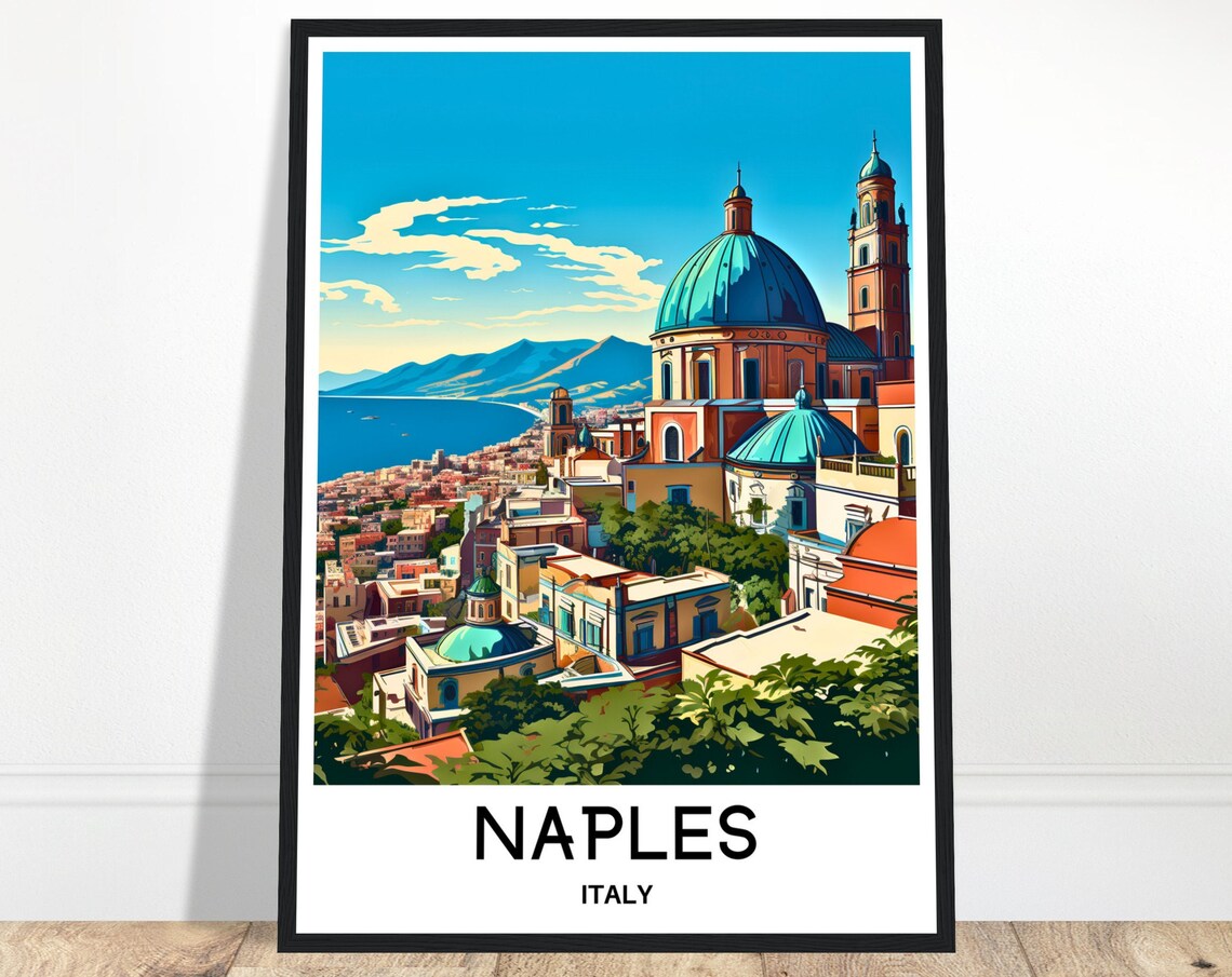Naples Italy Bay Domes Vesuvius Coastline Vintage Travel Poster