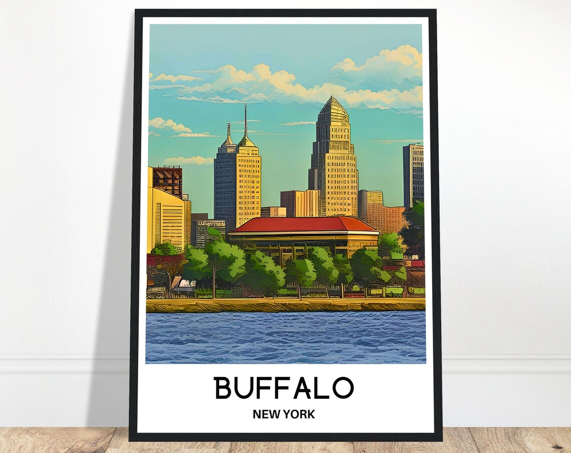 Buffalo New York Skyline Waterfront Retro Travel Poster City Art