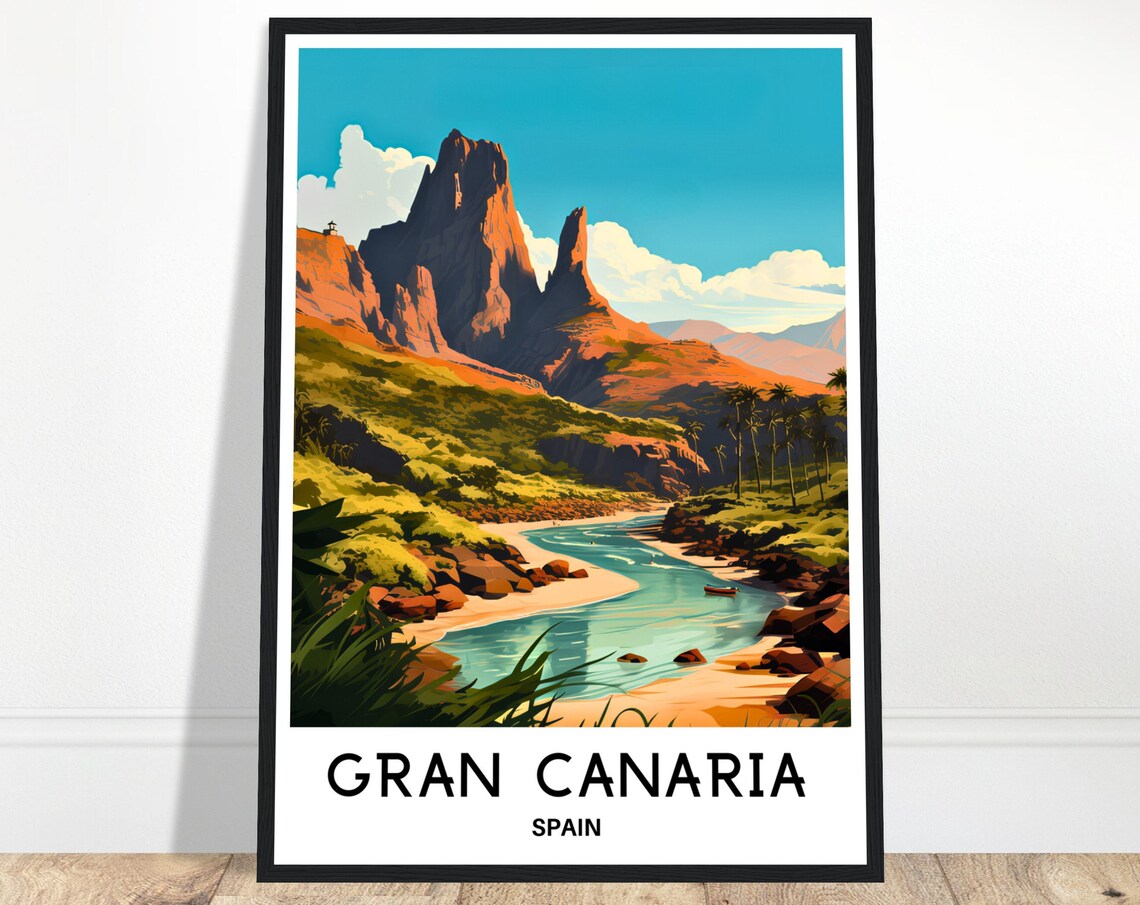Gran Canaria Spain Dramatic Volcanic Mountain Coast Travel Poster