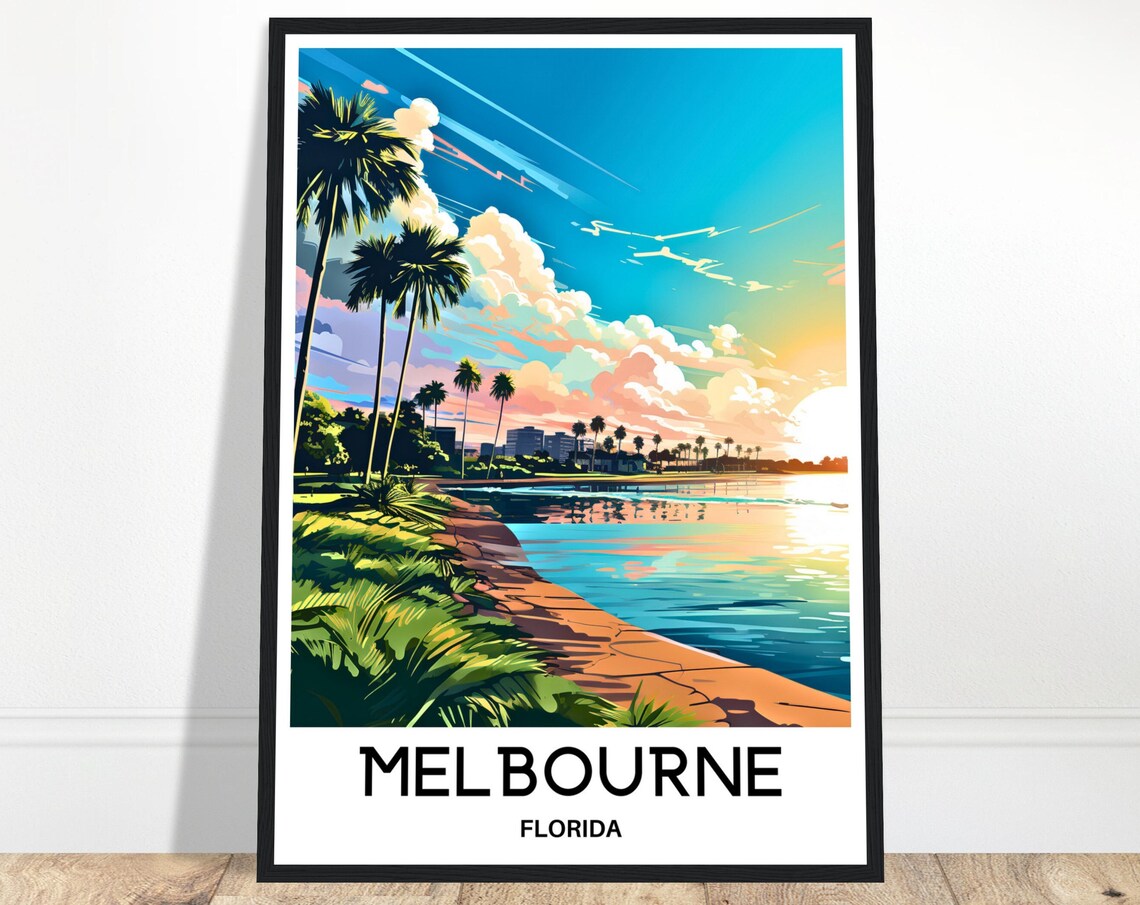 Melbourne Florida Sunset Waterfront Palm Trees Travel Poster