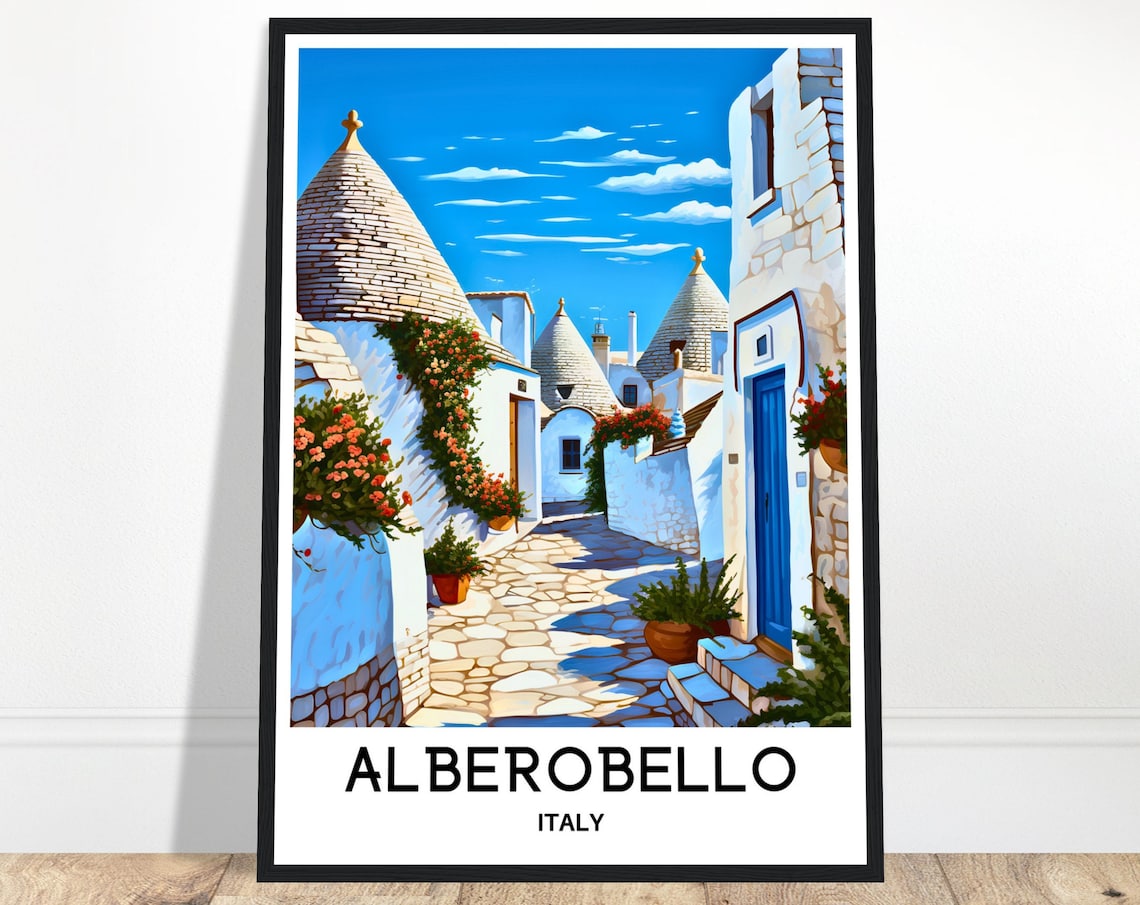 Alberobello Italy Trulli Stone Village Street Blue Sky Travel Poster