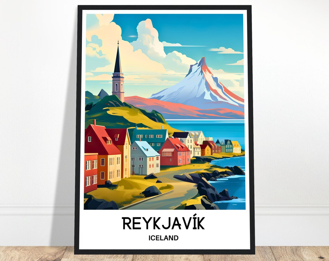 Reykjavik Iceland Coastal Town and Mountain Travel Illustration Poster