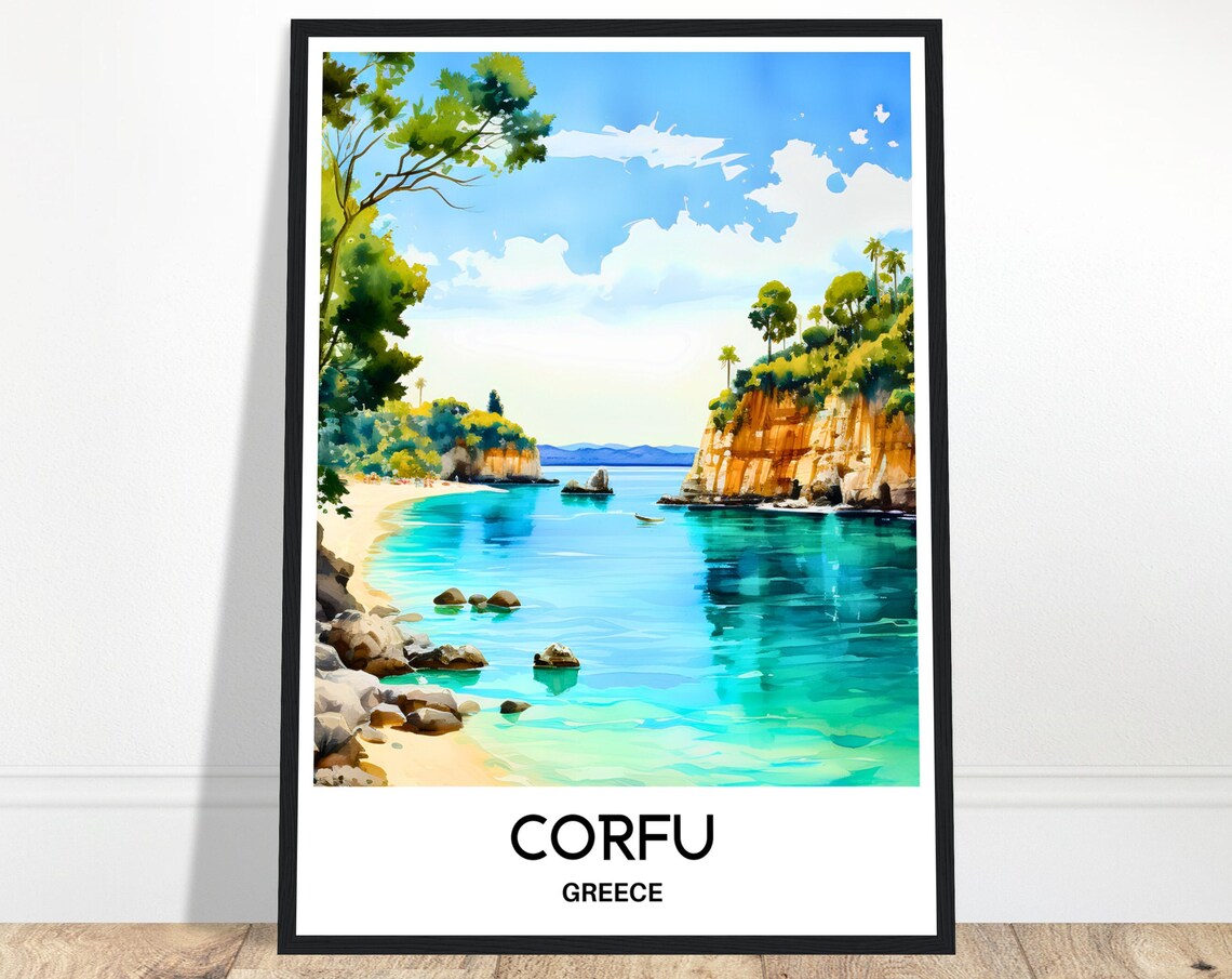 Corfu Greece Watercolor Travel Poster With Turquoise Bay And Cliffs