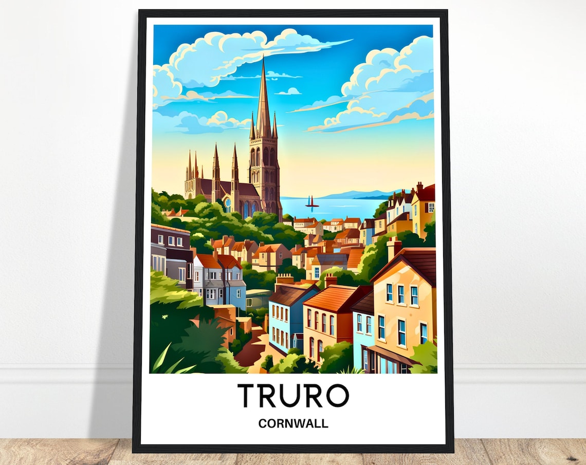 Truro Cornwall Cathedral Spires Colorful Seaside Town Travel Poster