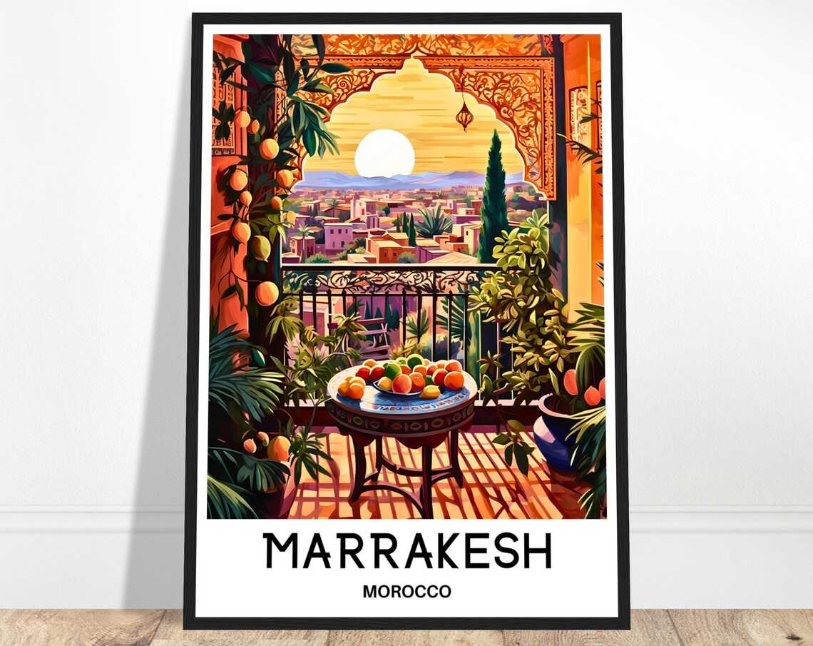 Marrakesh Morocco Moorish Terrace Sunset Medina View Travel Poster