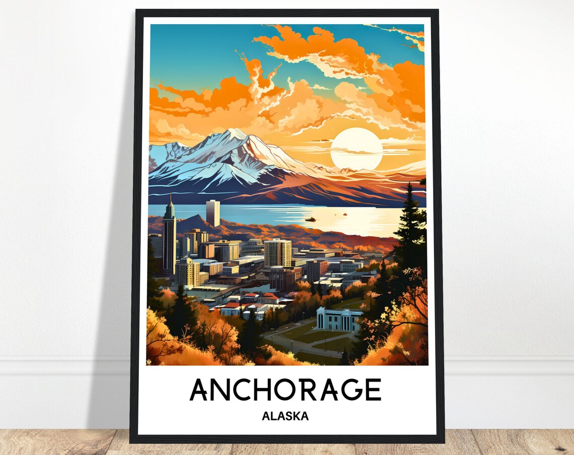 Anchorage Alaska Sunset Cityscape Mountain View Travel Poster