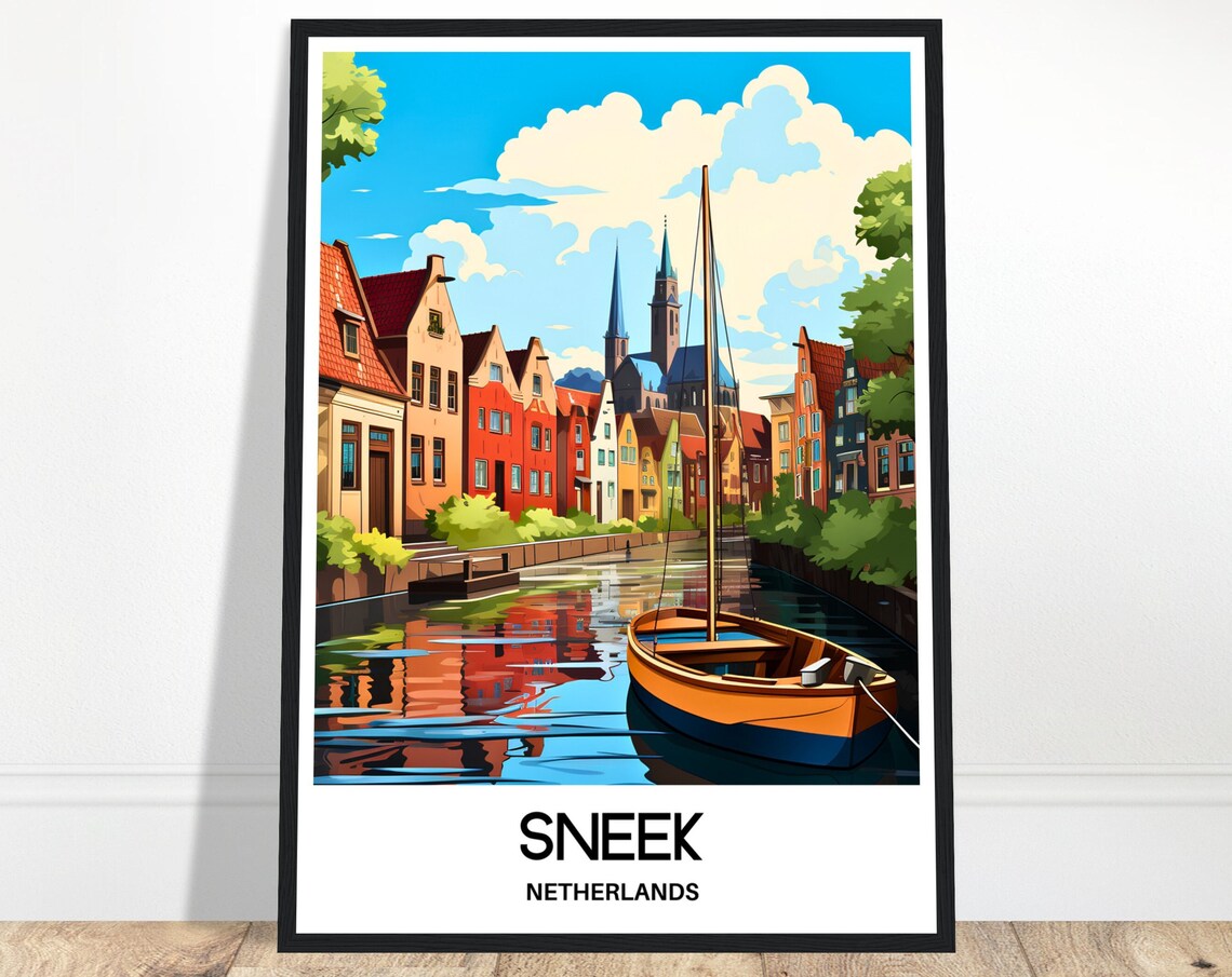 Sneek Netherlands Canal Town Boat Harbor Scene Travel Poster
