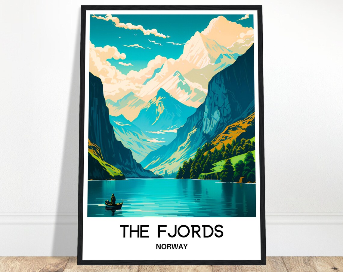 Norwegian Fjords Rowboat On Turquoise Water Mountain Travel Poster
