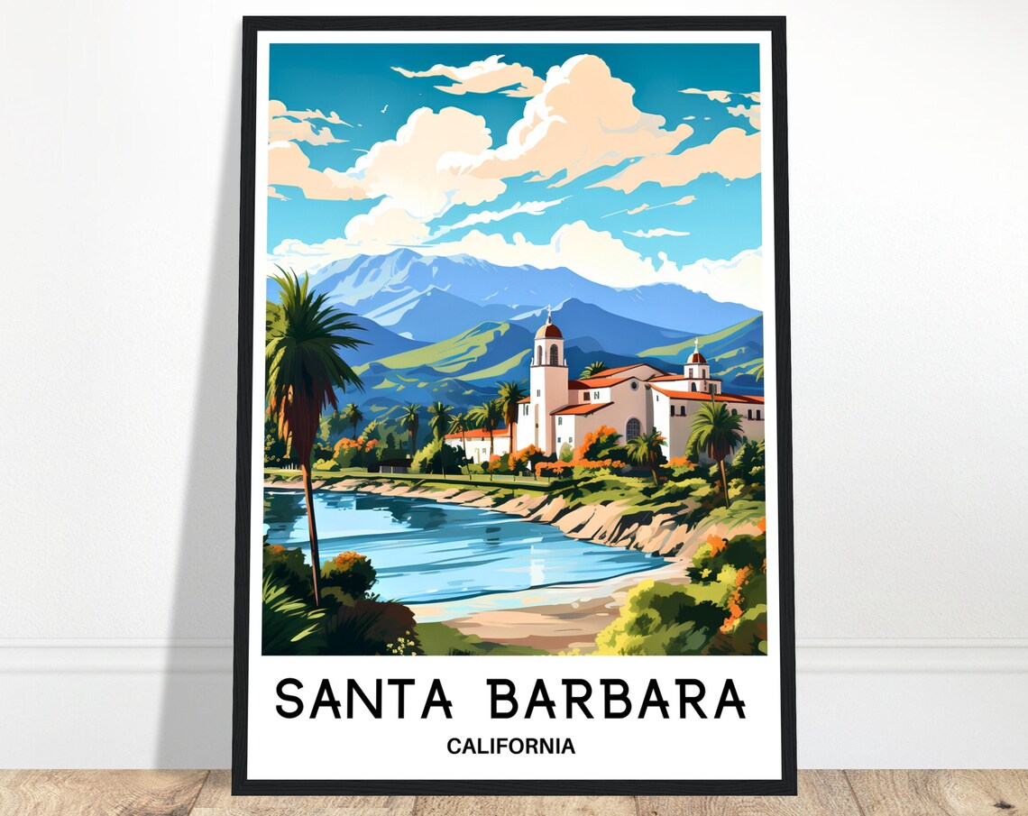 Santa Barbara California Mission Style Coastline Travel Poster
