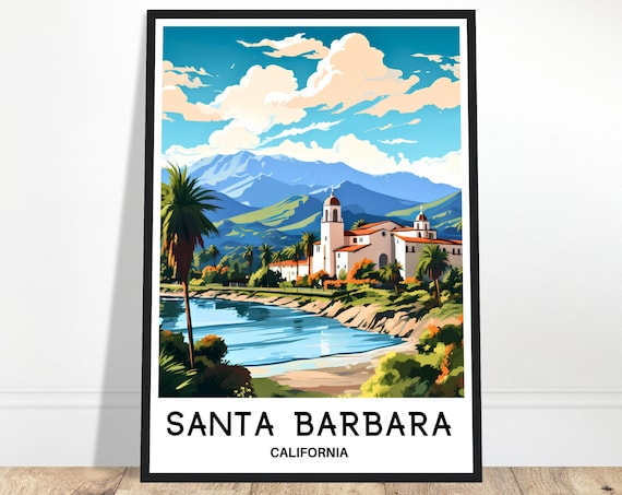 Santa Barbara California Mission Style Coastline Travel Poster
