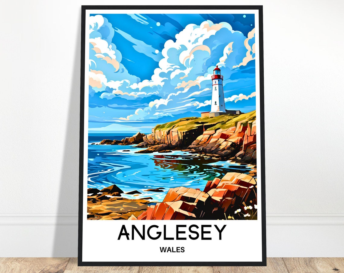 Anglesey White Lighthouse Red Rock Cliffs Wales Coast Poster