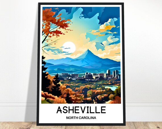 Asheville North Carolina Mountain Travel Poster Autumn City Skyline View