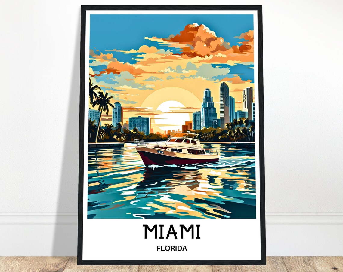 Miami Florida Vintage Sunset Yacht Skyline Travel Illustration Poster
