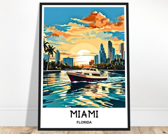 Miami Florida Vintage Sunset Yacht Skyline Travel Illustration Poster